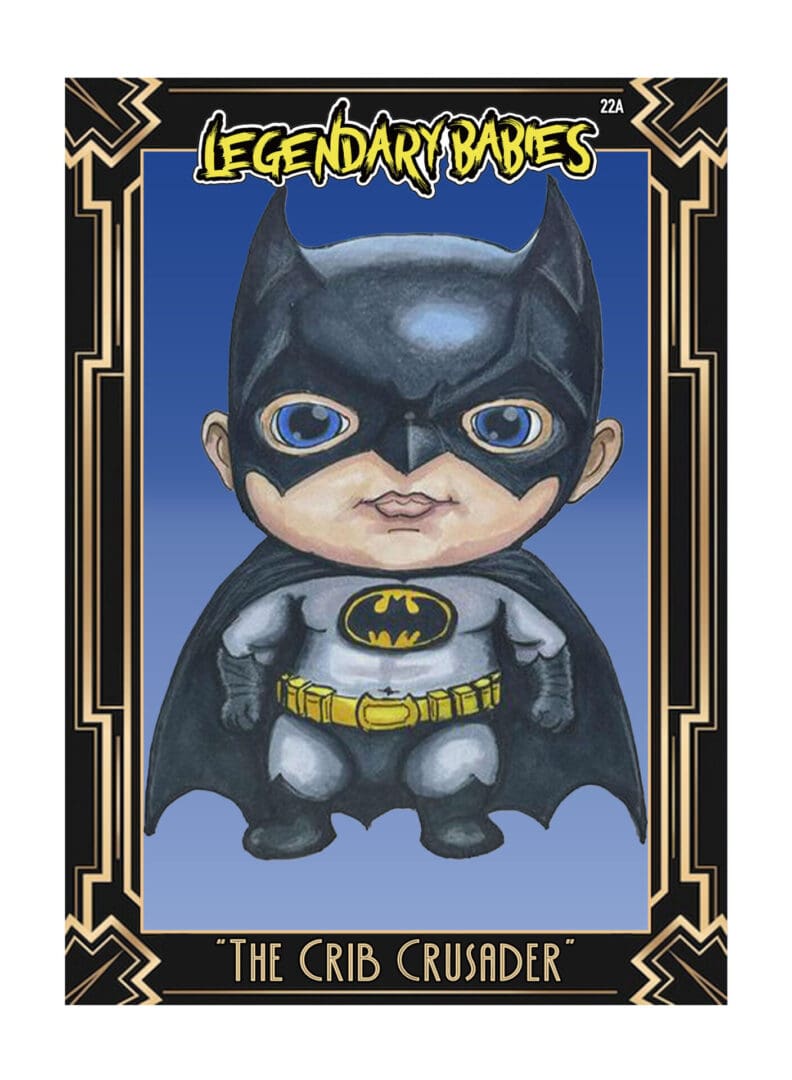 Cute chibi Batman character illustration with a blue background.
