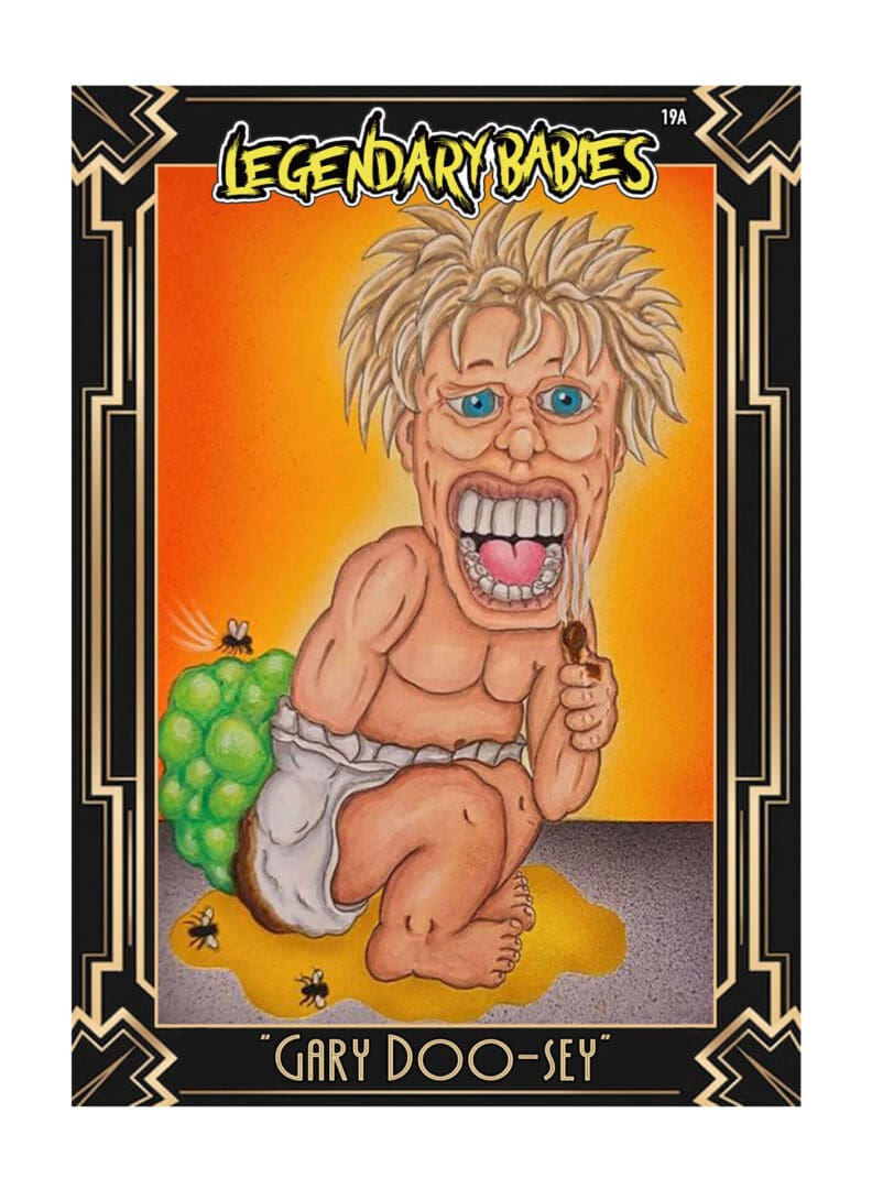 Caricature of a wild-eyed baby in a diaper with exaggerated features.
