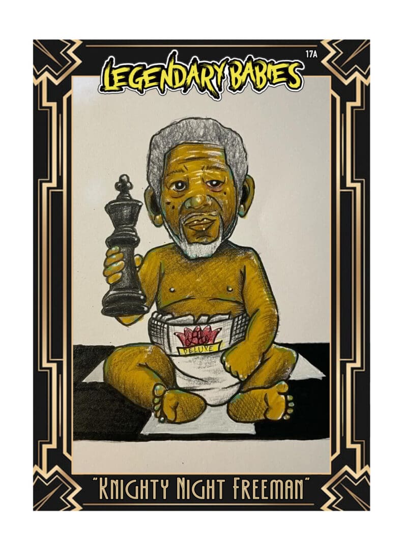 Cartoon baby holding an Oscar statue, wearing a diaper with a bloodstain.