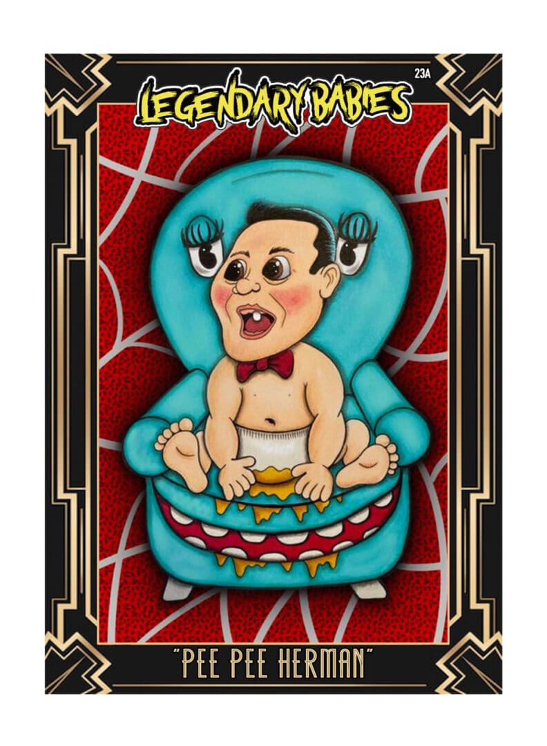 Cartoon baby with exaggerated features sitting in a basket on a spider web background.