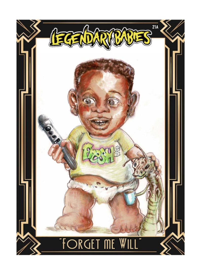 Cartoon baby holding a toy and a phone, wearing a diaper and a green shirt.