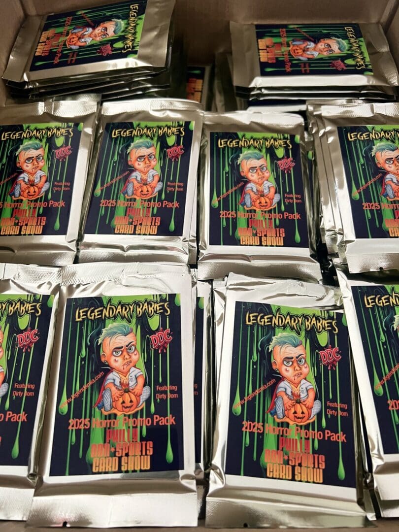 Trading card packs with cartoon character design.