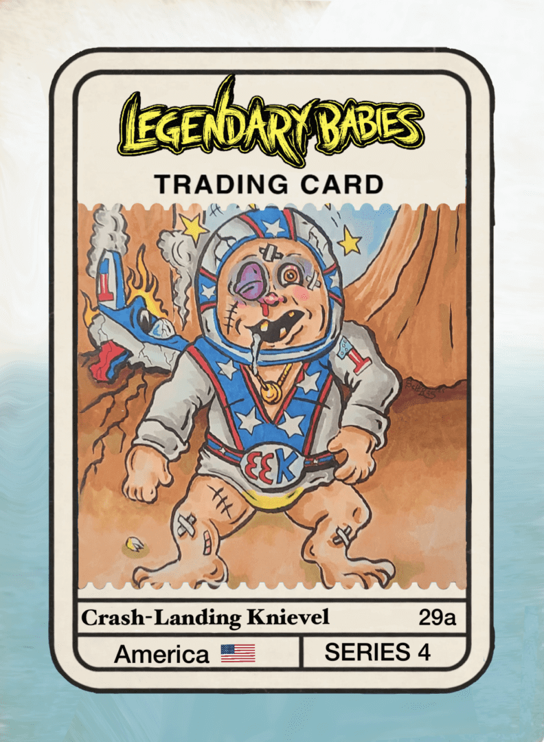 Crash-landing Knievel cartoon baby trading card