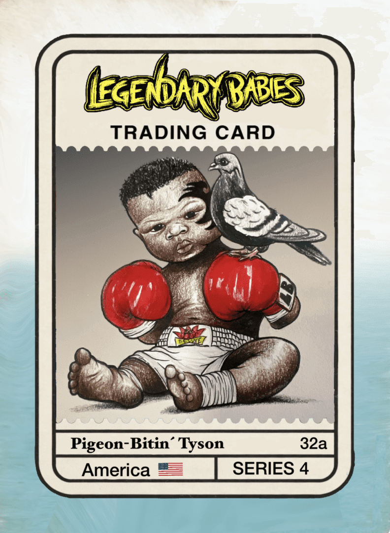 Boxing baby with pigeon trading card